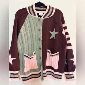 POL Oversized Star Pattern Cardigan - Brown, Green, and Pink